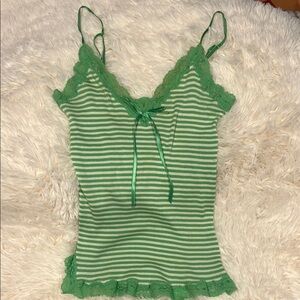 Green Striped Lace Trim Cami Top